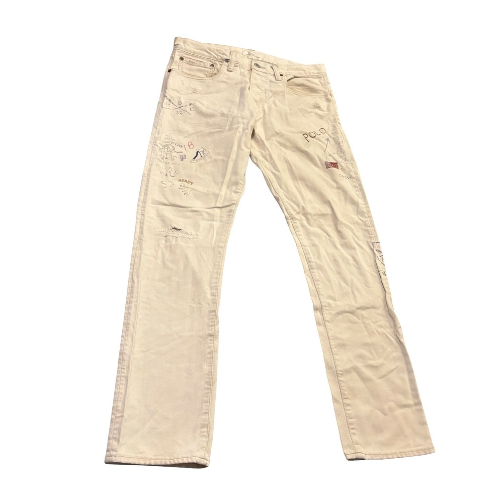 Polo Ralph Lauren Sullivan Slim Graphic Jeans Mens 32x32 Cream Distressed Denim